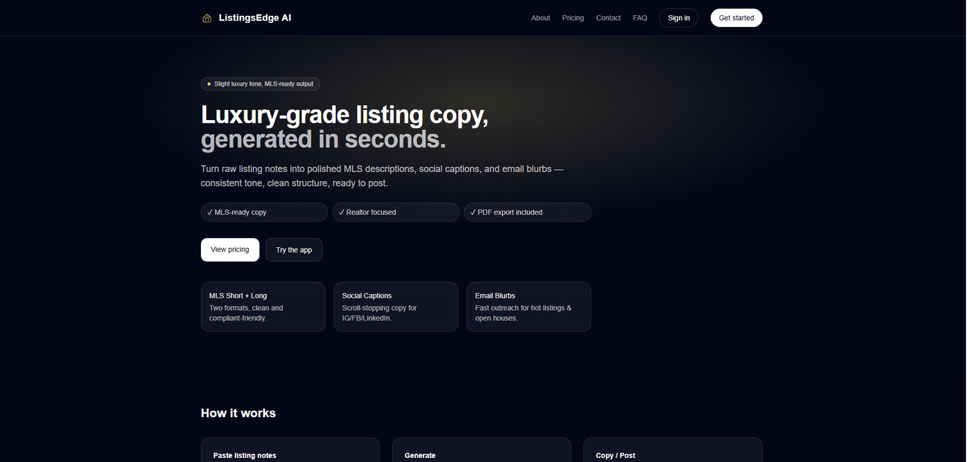 ListingsEdge AI live website homepage showing its real estate marketing application
